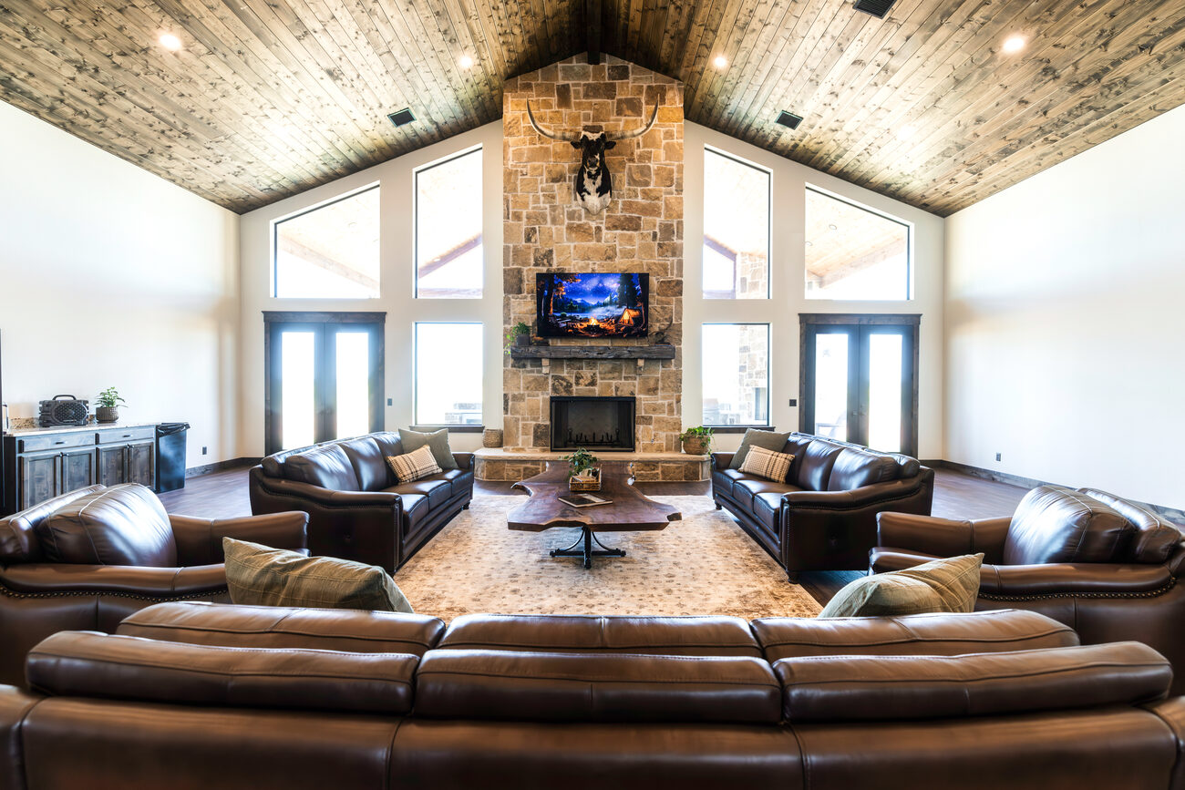 The great room under vaulted timber ceilings